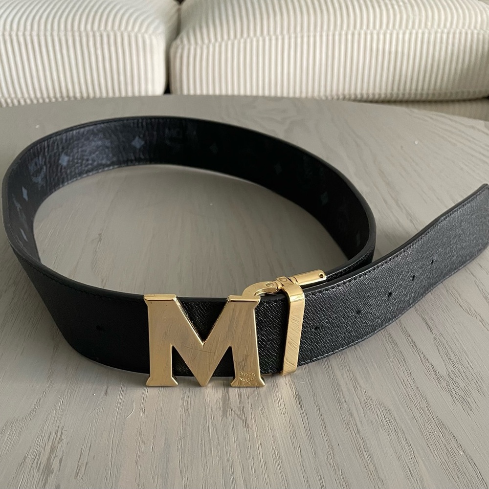 MCM Men's Claus Reversible Canvas Belt Black One Size w 24KT Plated Hardware N58